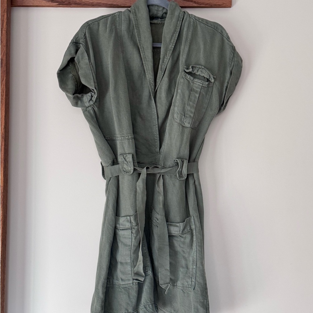 Moss Green Utility Linen dress with pockets